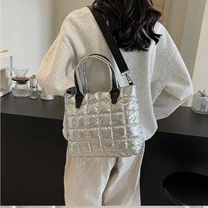 NEW Silver Puffer Tote with Detachable and  Expandable Shoulder Strap.